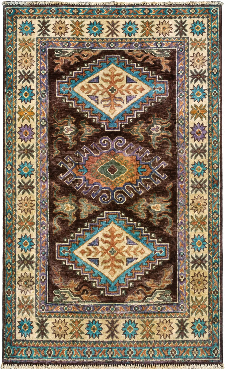 Tribal Antique Kazak Oriental Rug 3x5 Ft Handmade Geometric Oriental Wool Carpet