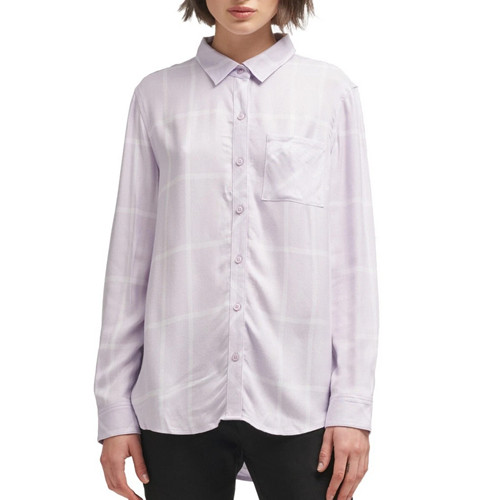 Women\'s Long Sleeve Plaid Hi-low Button Down Shirt Top Size Large