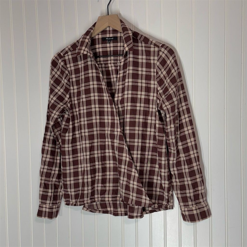 Madewell Women’s Plaid Shirt S Burgundy Cream Check Cotton Button Down Grunge