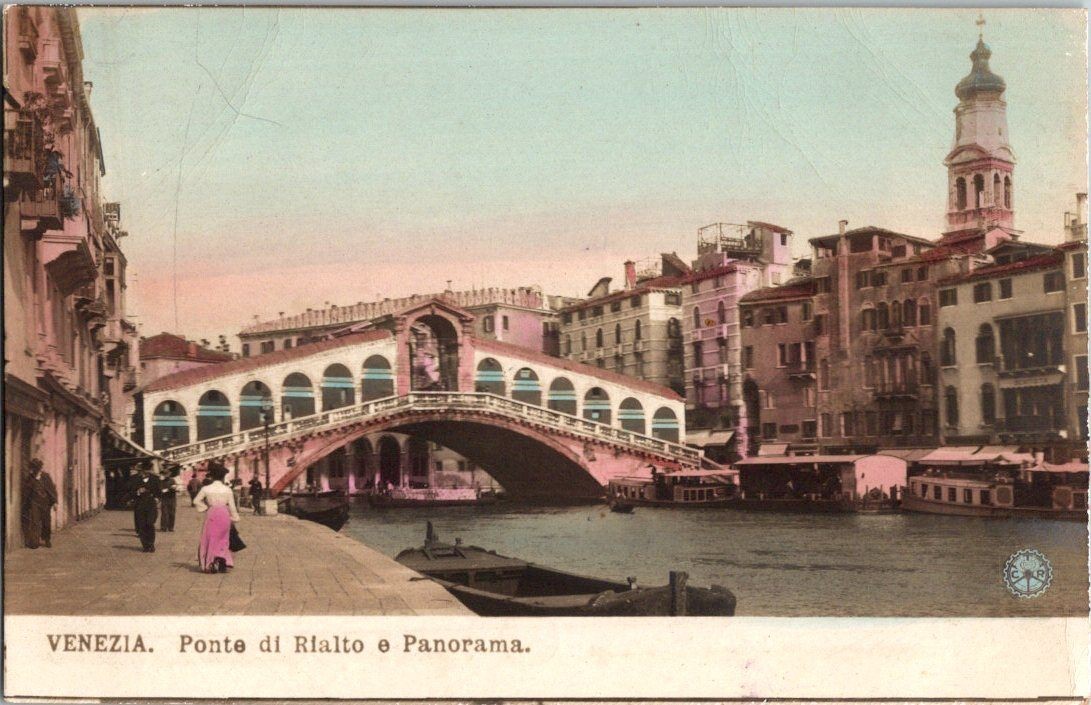 Venezia Rialto Bridge & Panorama Postcard c.1900s Italy Venetian Canal NPG