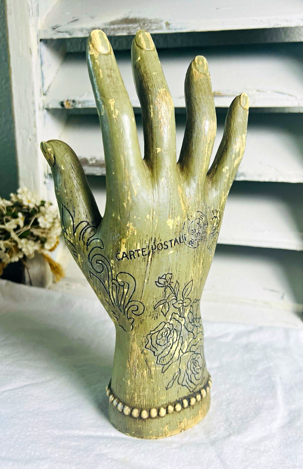 Vintage Style Wooden Mannequin Hand Jewelry Display, Floral Vintage Style Wooden Mannequin Hand Jewelry Display, Floral