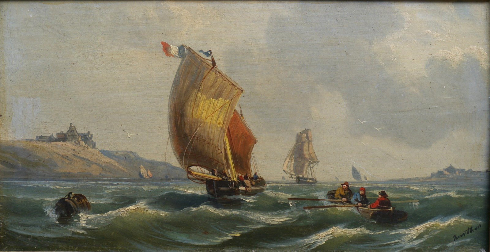 19th-Century French School Marine Oil Painting, Signed, On Wood Panel