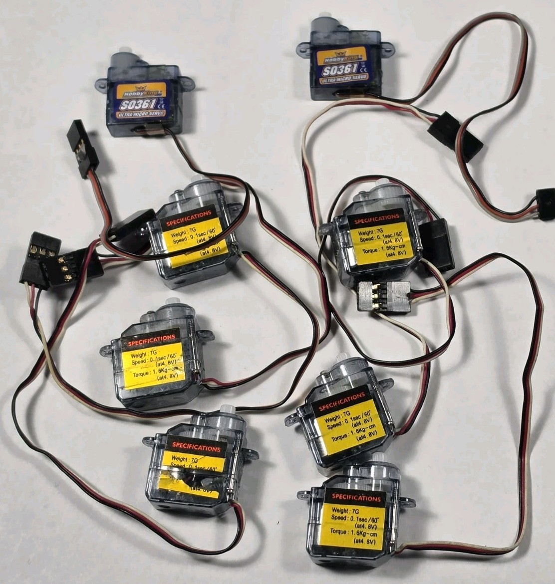 8 Used Untested Micro Servos 6 DYNAM 7G and 2 HobbyKing SO361 (AS IS UNTESTED) 8 Used Untested Micro Servos 6 DYNAM 7G and 2 HobbyKing SO361 (AS IS UNTESTED)