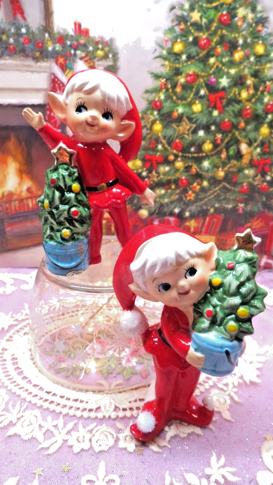 Vtg RARE Norcrest Christmas Pixie Elves with Christmas Trees SET OF TWO LABELS