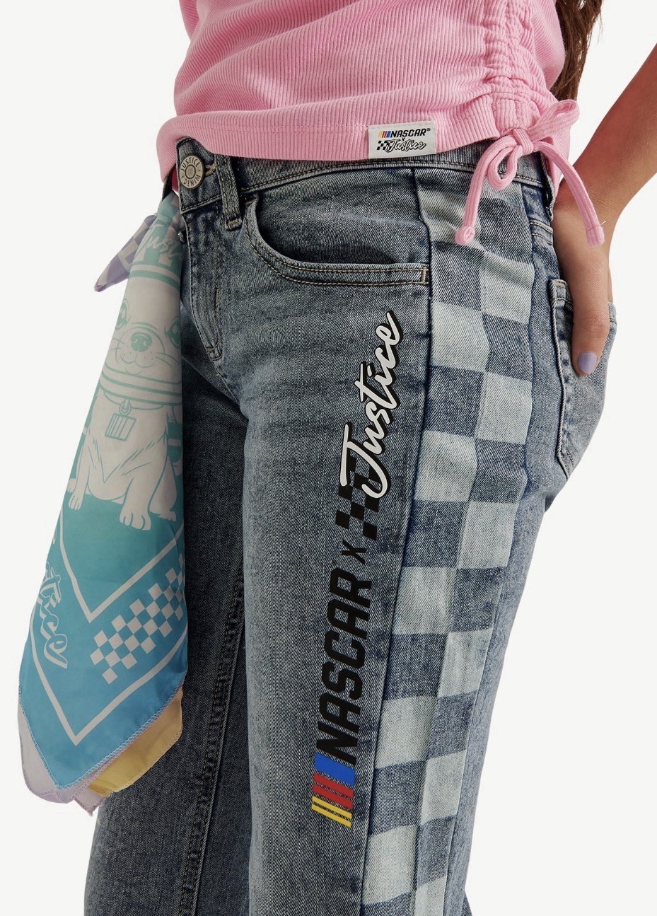 Girls Justice X NASCAR side Check Denim W/ Bandana Light Wash Jeans Size 10