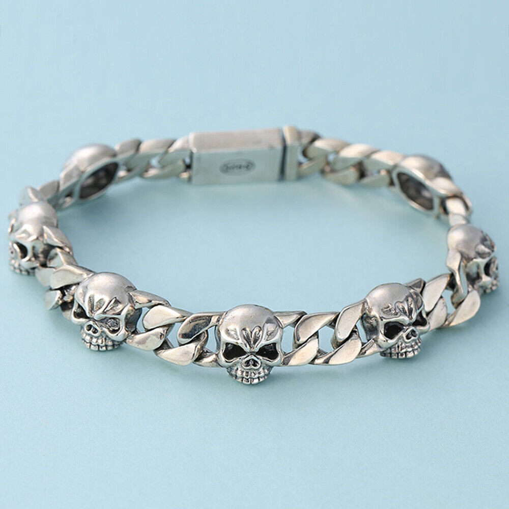 1PC Sterling Cuban Curb Link Skull Chain Mens Hi-Hop Bracelet