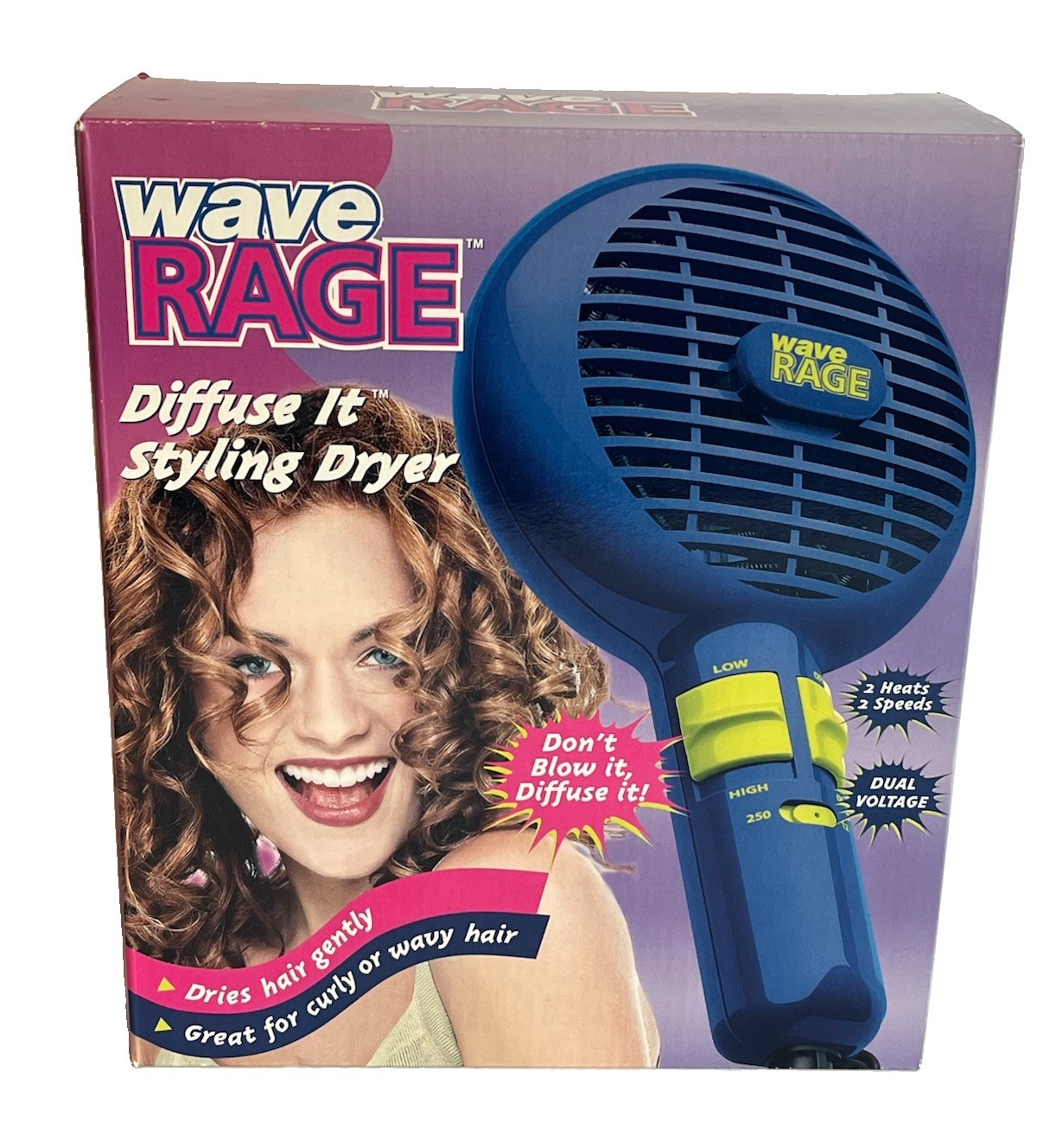 Vintage 2002 Wave Rage Diffuser Hair Dryer 2 Speeds 2 Heat Dual Voltage Y2K NIB Vintage 2002 Wave Rage Diffuser Hair Dryer 2 Speeds 2 Heat Dual Voltage Y2K NIB
