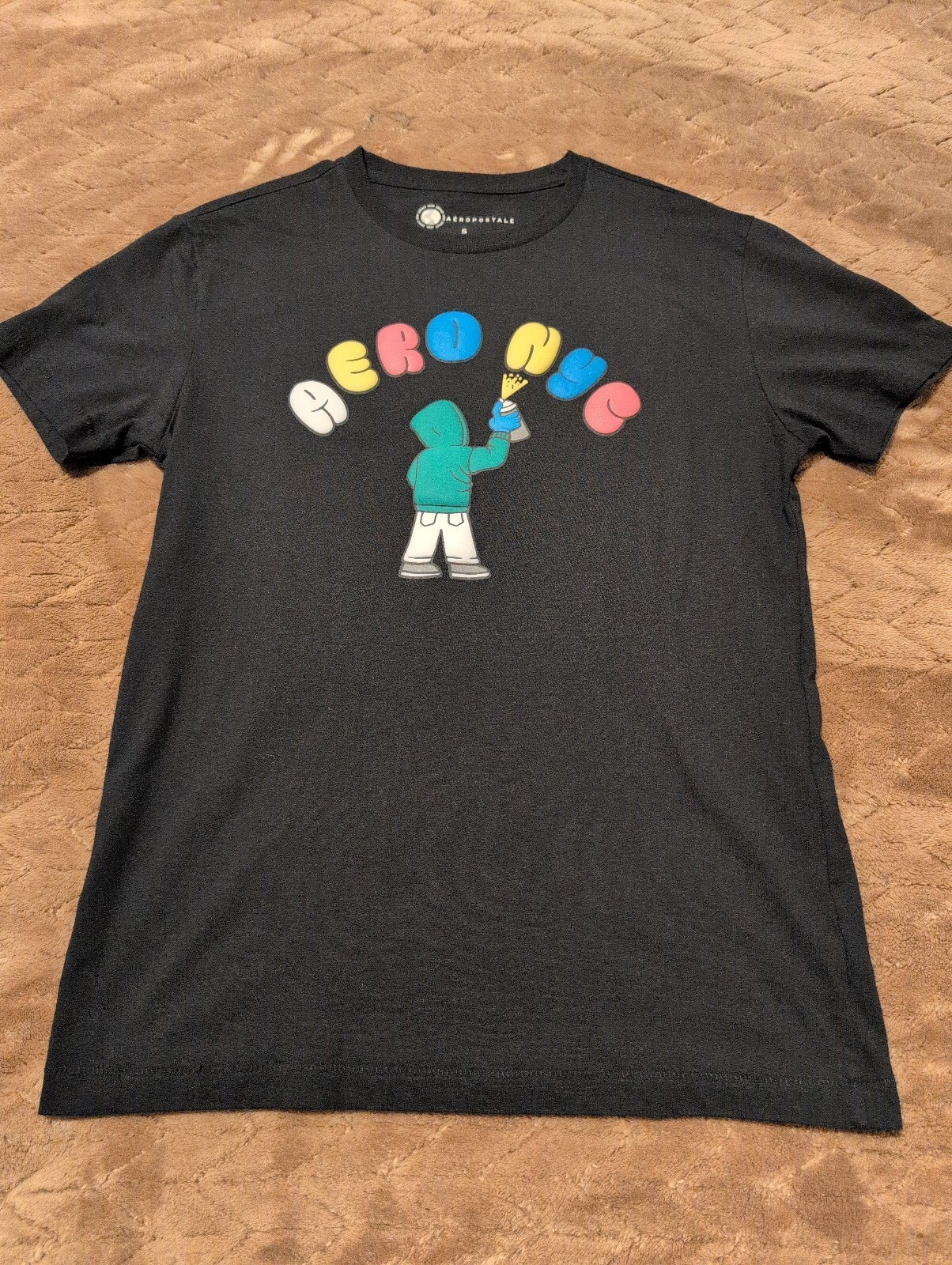 Aeropostale Black Graphic T-Shirt with Colorful HERO NYC Design, Size S Aeropostale Black Graphic T-Shirt with Colorful HERO NYC Design, Size S