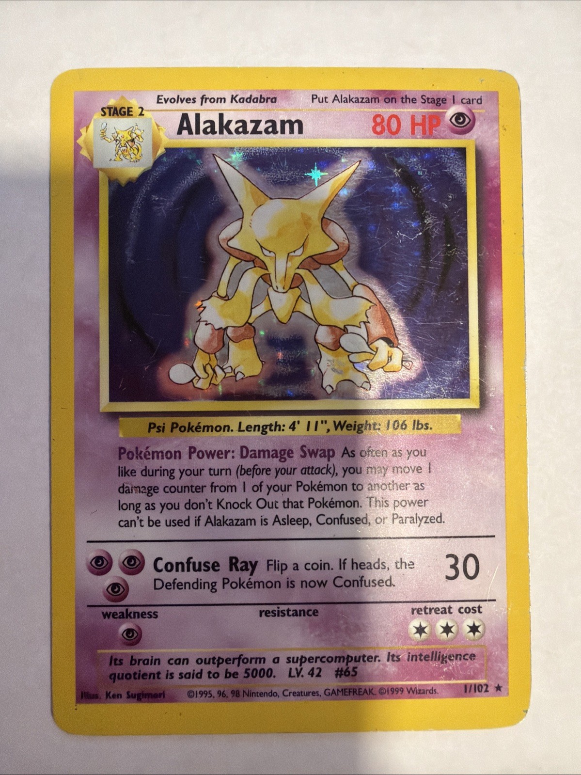 Pokémon TCG Alakazam Base Set Holo Unlimited Rare Card 1/102 1999 Heavy Play HP Pokémon TCG Alakazam Base Set Holo Unlimited Rare Card 1/102 1999 Heavy Play HP