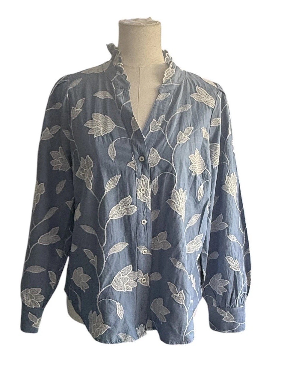 Talbots Blue Embroidered Floral Blouse Ruffle Neck Button Front Boho Top S Talbots Blue Embroidered Floral Blouse Ruffle Neck Button Front Boho Top S