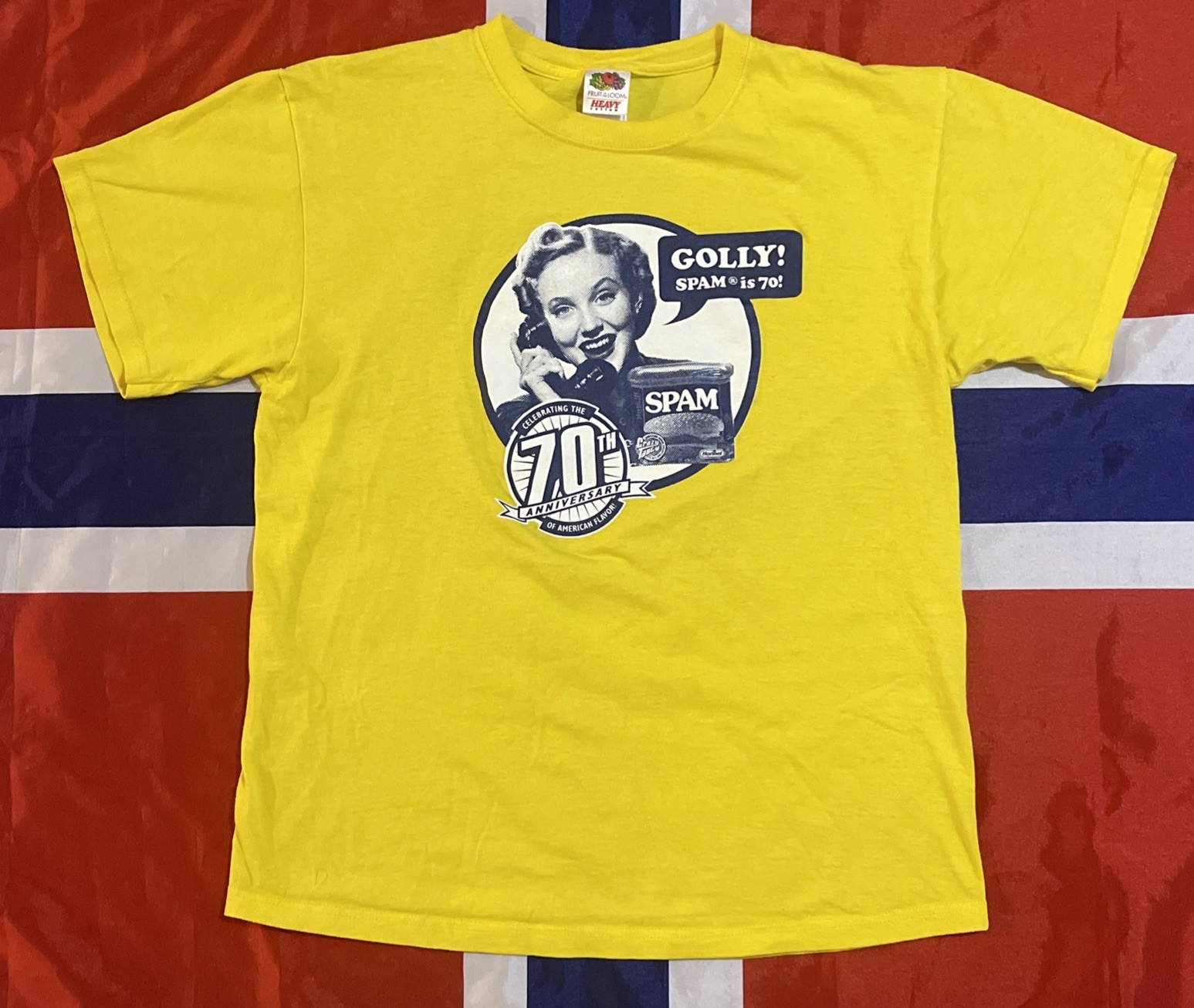 Spam 70th Anniversary L Yellow T-Shirt 2007 FOTL Heavy Cotton Tee Y2K Style Nice Spam 70th Anniversary L Yellow T-Shirt 2007 FOTL Heavy Cotton Tee Y2K Style Nice