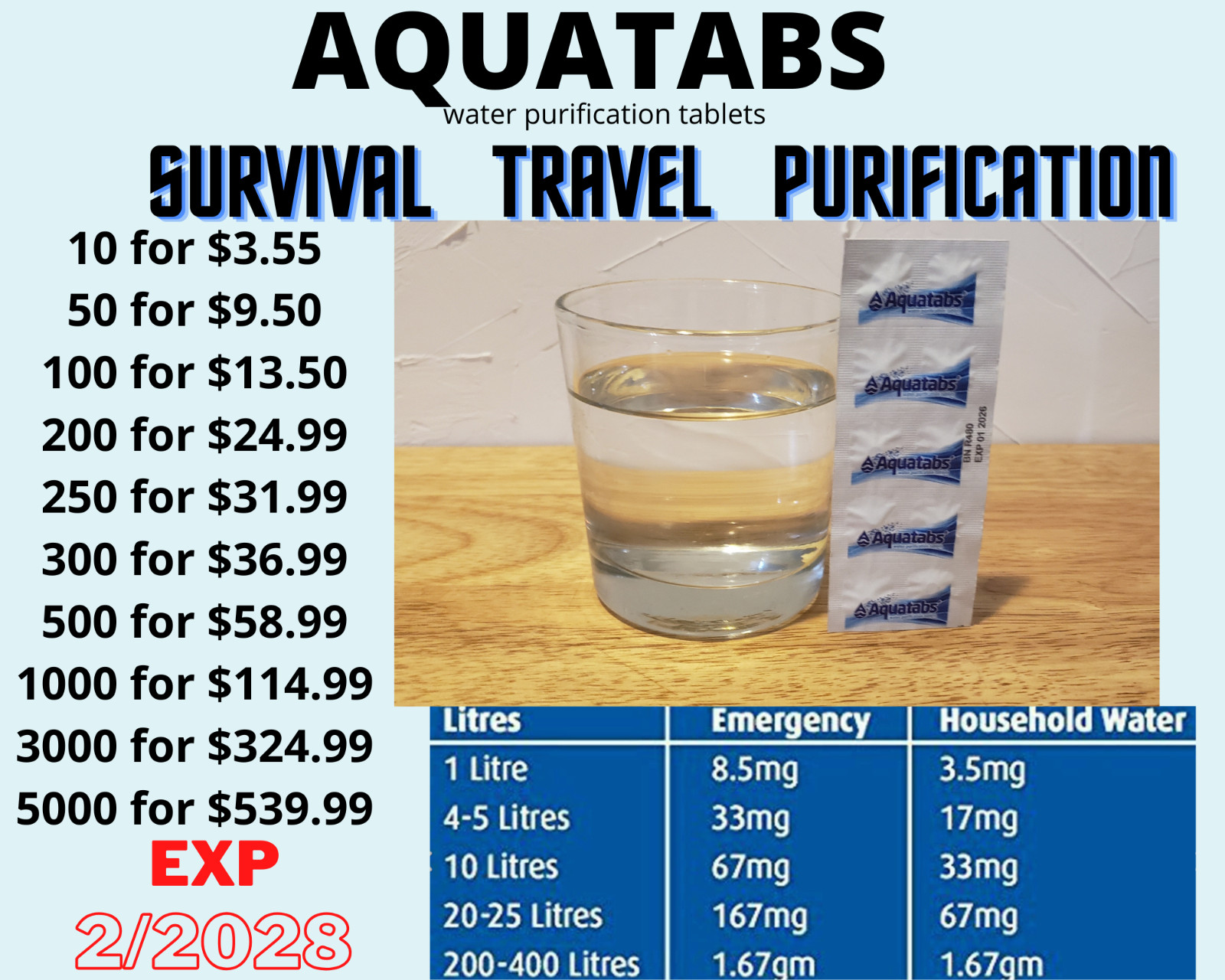 Clean Water Purification Tablets Camping-Aquatabs Survival BEST EXP DATE 2/2028