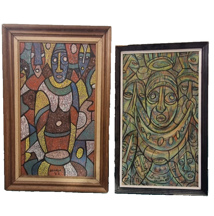 Pair 1983 Original Prince Emmanuel Okuku Oil Paintings Signed Nigerian Art Set Pair 1983 Original Prince Emmanuel Okuku Oil Paintings Signed Nigerian Art Set