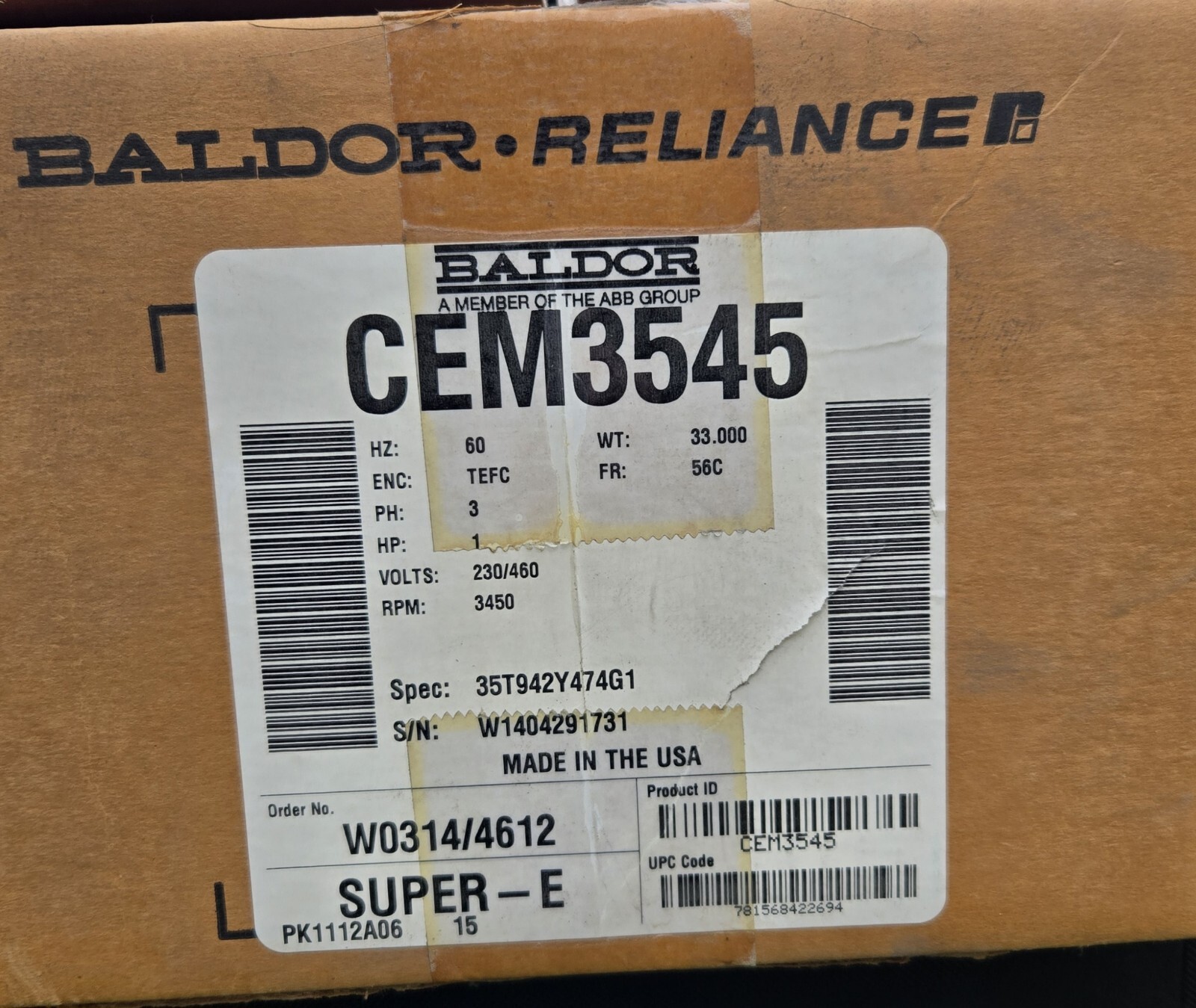 NEW SEALED Baldor CEM3546 Brown Boveri 60Hz 3PH 1HP 208-230/460V 1760RPM 3AMP
