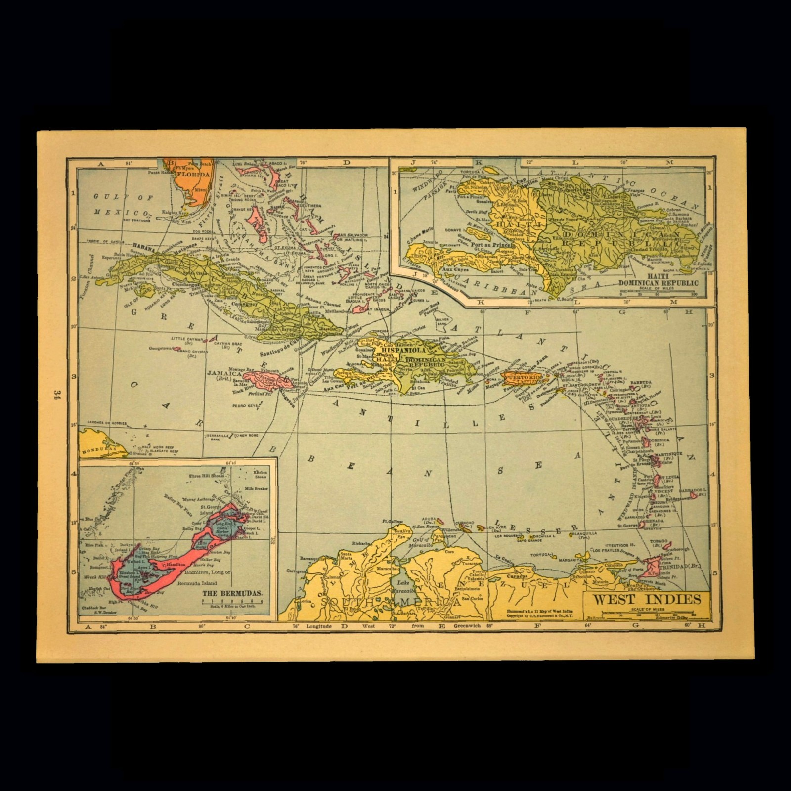 Vintage Caribbean Map WEST INDIES Wall Art Jamaica Cuba Haiti Bermuda ca 1939