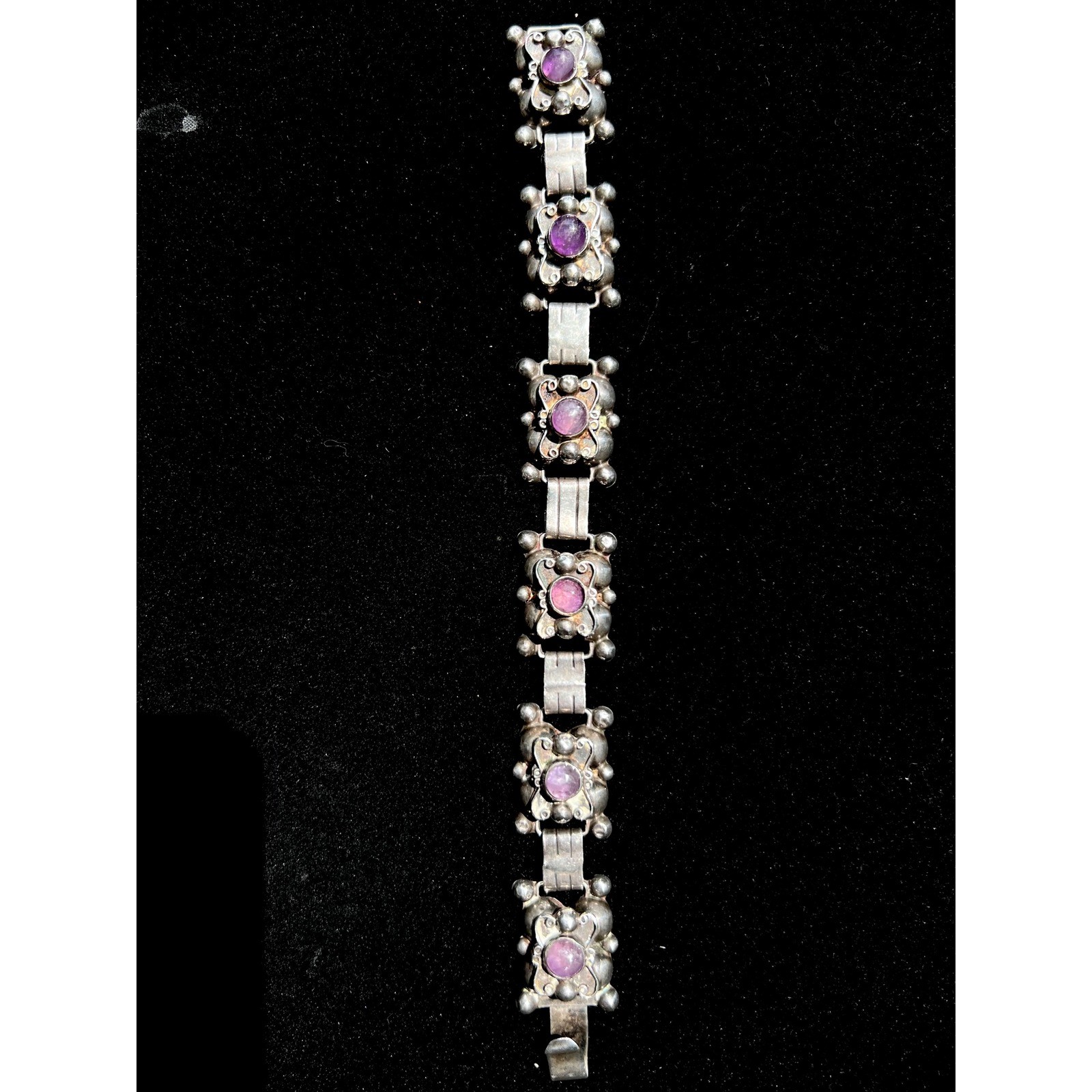 VTG 1930\'s Mexican SS Purple Amethyst Orbit Panel Cabochon Link Bracelet 7.5\