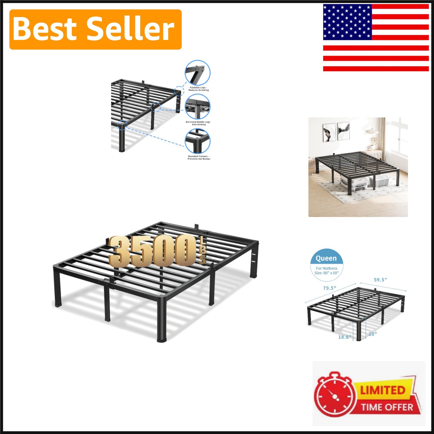 Elegant 20 Inch Queen Bed Frame - Noise-Free, Under-Bed Storage & Easy Assembly