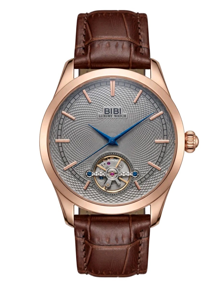 Brand New Bibi Watch Rose Gold Case Grey Dial Brown Leather Strap Automatic