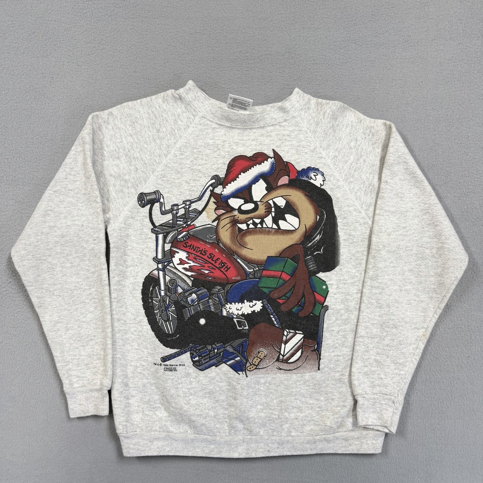 Vintage Tultex Sweatshirt Teens XL Gray Fleece Crewneck Pullover Taz Biker Xmas