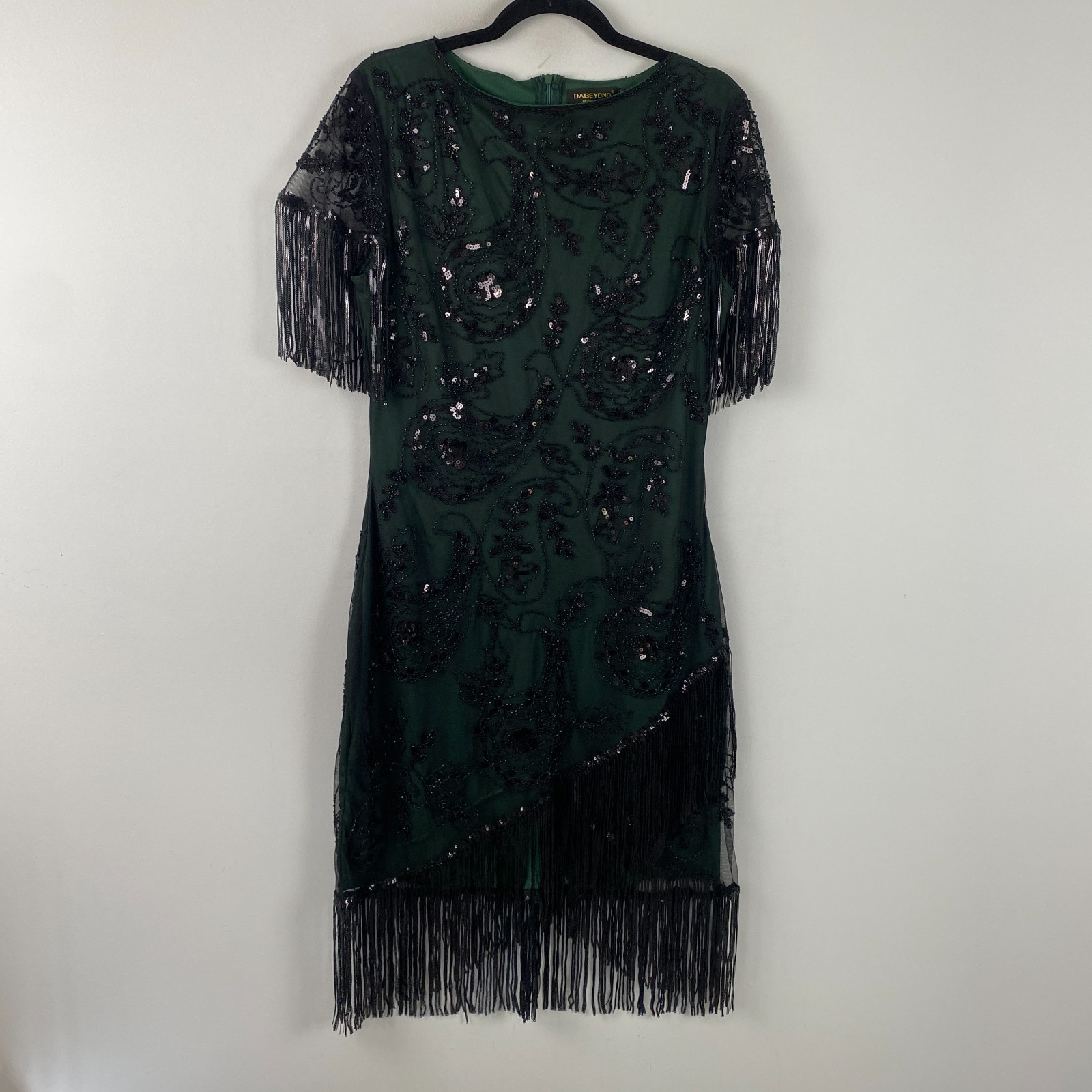 BABEYOND 1920s Flapper Dress Large Green Great Gatsby Fringed Sequin Beaded