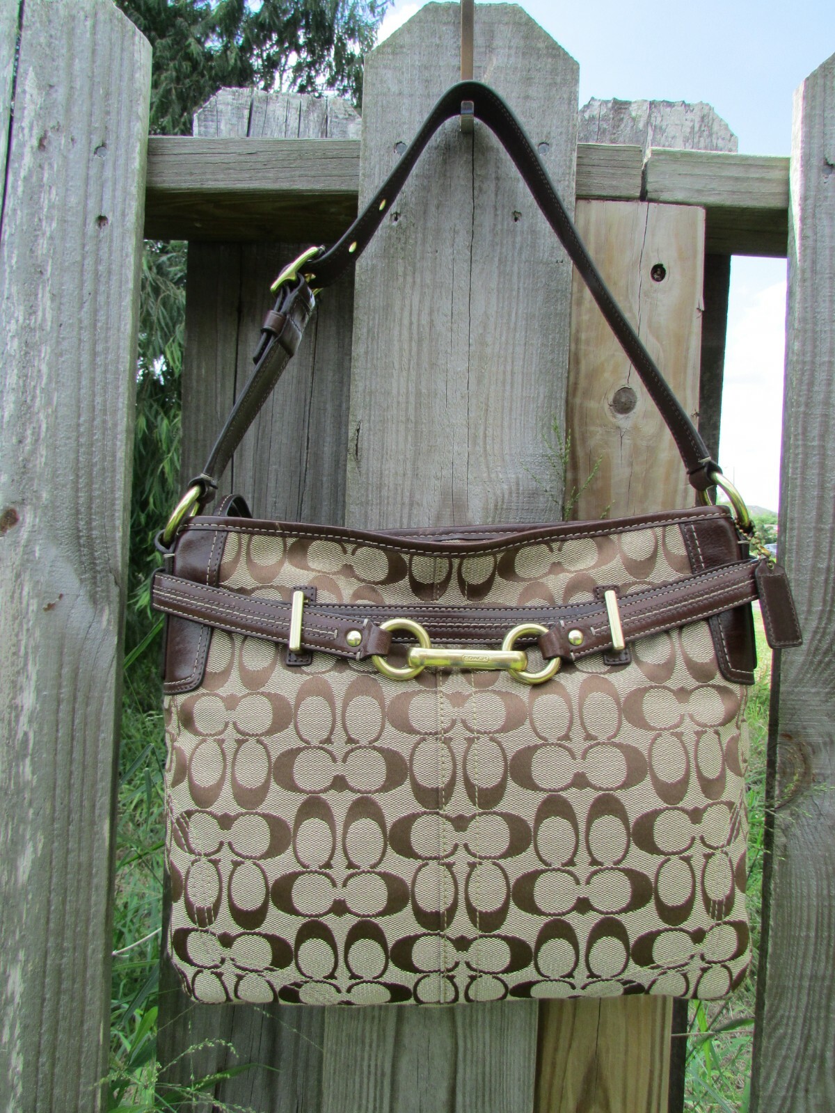 Coach Hamptons 12469 Signature Brown Leather Jacquard Khaki Hobo Shoulder Bag 