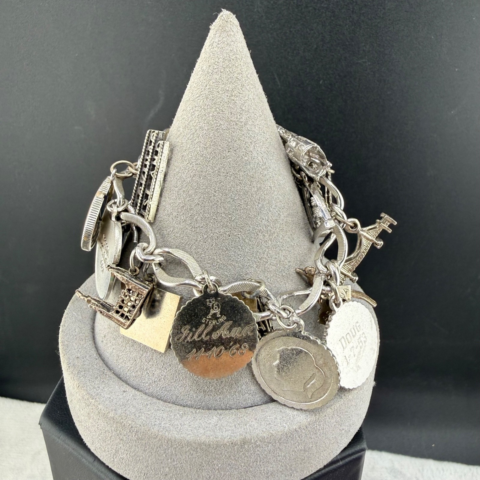 Vintage Monet Travel Charm Bracelet  Souvenir Silver Tone 6.5
