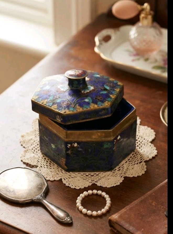 Vintage Chinese Cloisonné Hexagon Trinket Box - Brass Base, Floral & Bird Motif