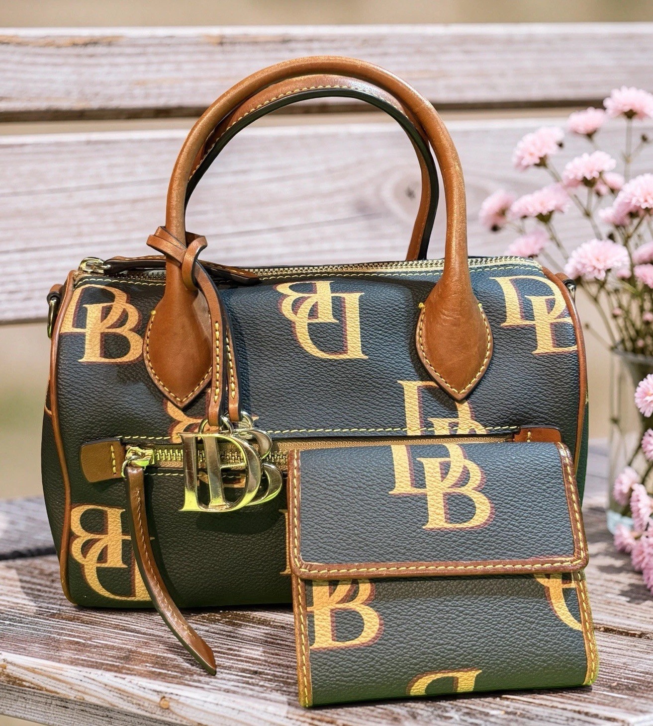 Dooney Bourke Bundle Set Black Logo Monogram Barrel Satchel Crossbody & Wallet