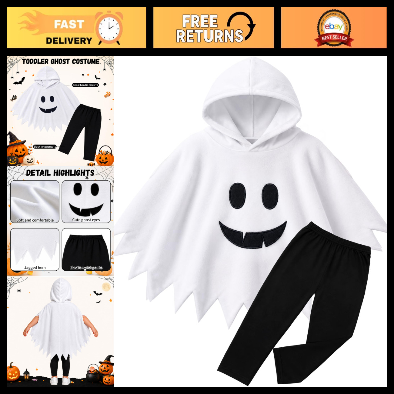 Kids Toddler Ghost Costume - Halloween Outfit for Boys & Girls, Spooky Fun