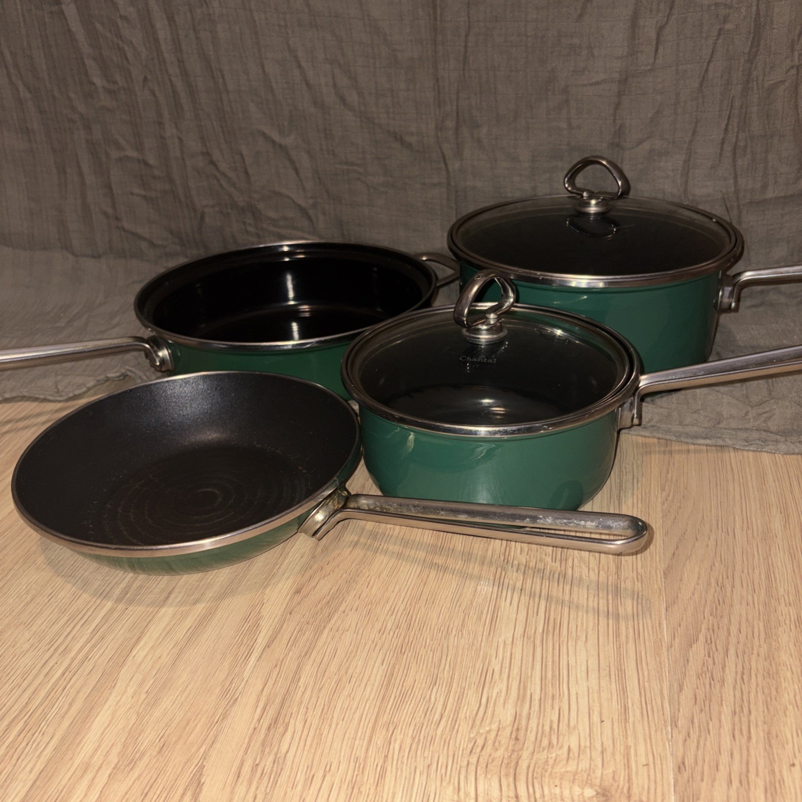 Vintage Chantal Green Enamel on Steel Cookware Set, 6 Piece, Pots & Pans Vintage Chantal Green Enamel on Steel Cookware Set, 6 Piece, Pots & Pans