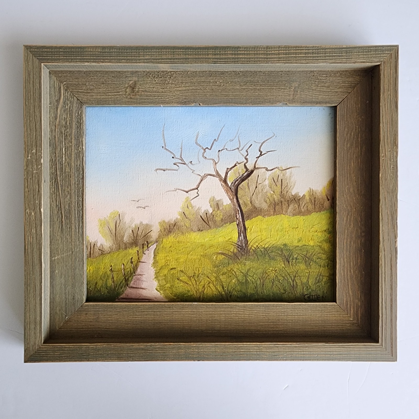 Vintage 1975 Rural Landscape Oil Painting 8x10 Signed Framed Expression Surreal 