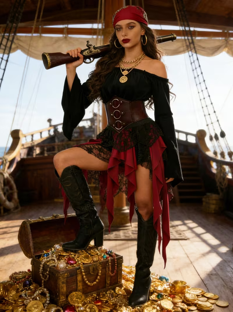 7-piece Women's Halloween Pirate Captain Dress Costume 7-piece Women's Halloween Pirate Captain Dress Costume