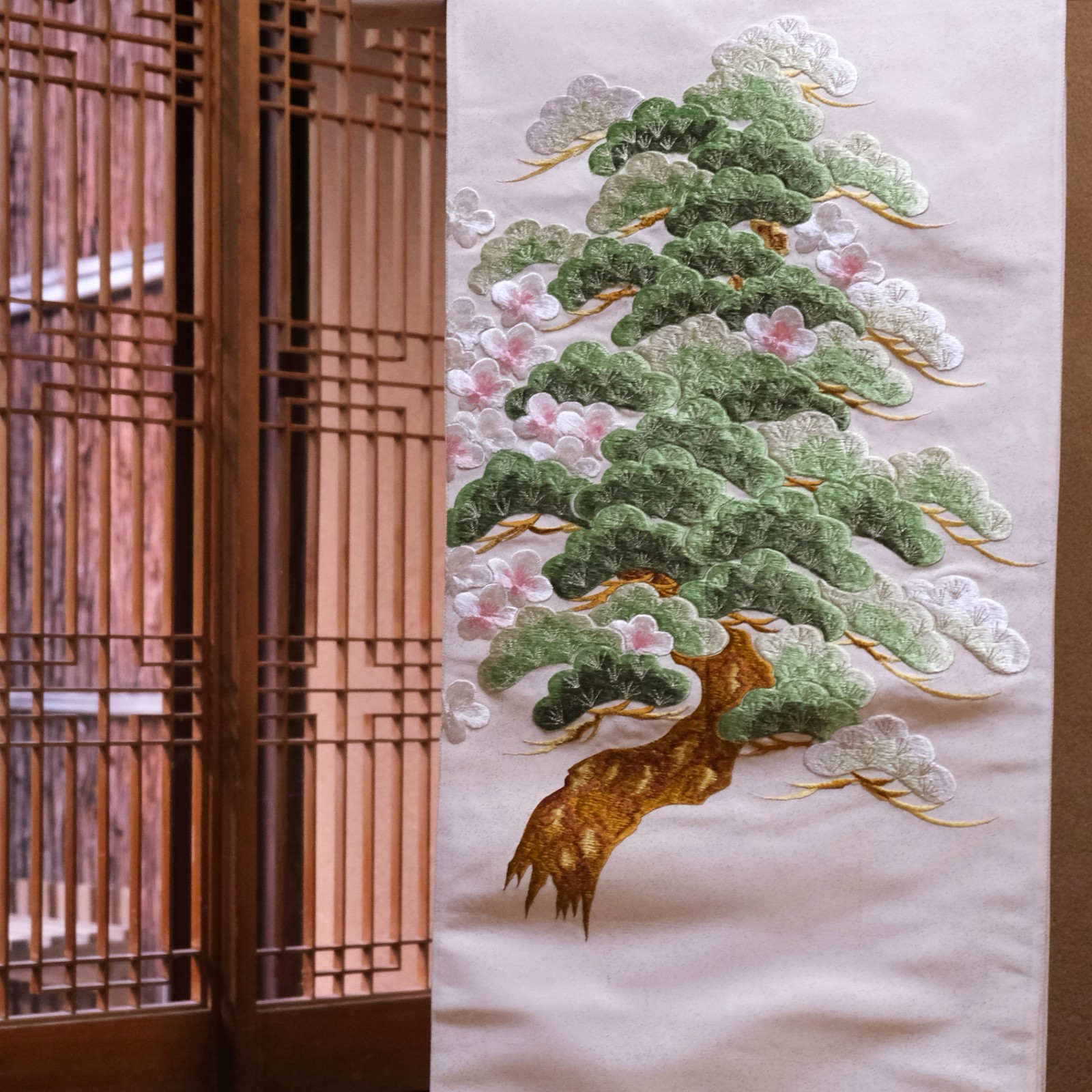 Japanese Vintage Silk Fukuro Obi Pine Tree Embroidery Bonsai Art Kimono Sash