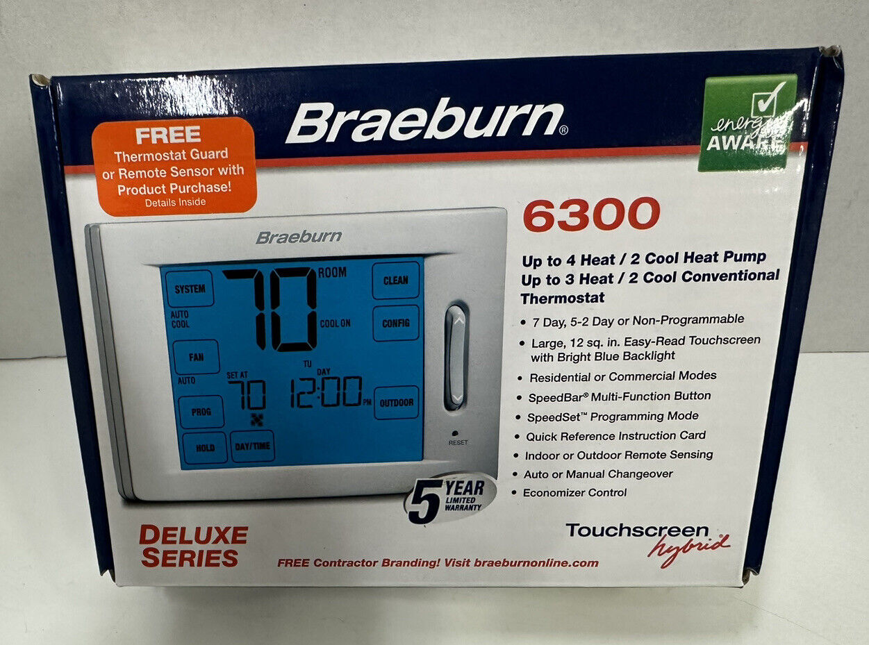 BRAEBURN 6300 Thermostat~Touchscreen Hybrid~7, 5-2 Day or Non-Programmable~NIB