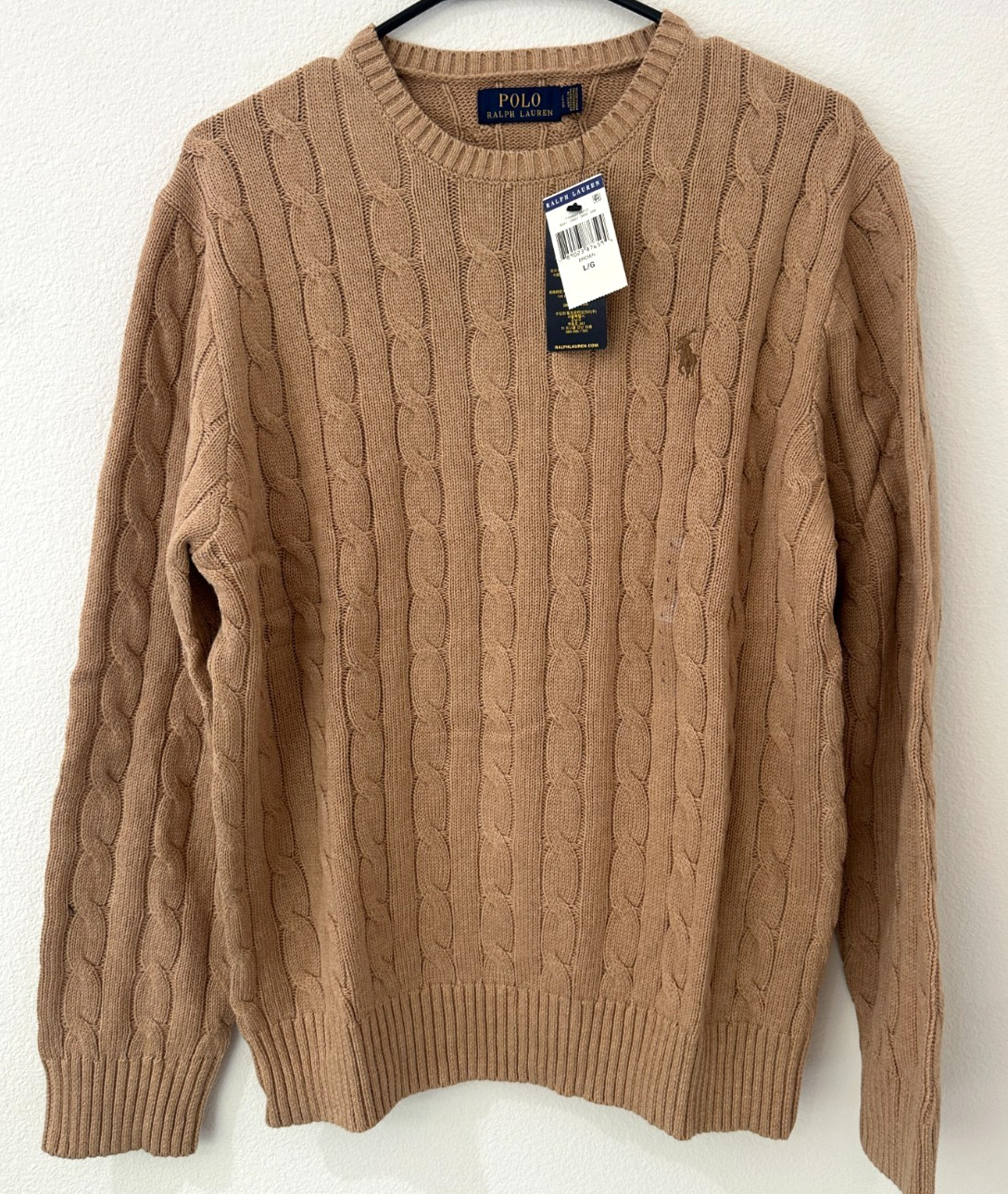 Polo Ralph Lauren Men\'s Cable Knit Cotton Crewneck Sweater Brown Pony L Polo Ralph Lauren Men\'s Cable Knit Cotton Crewneck Sweater Brown Pony L