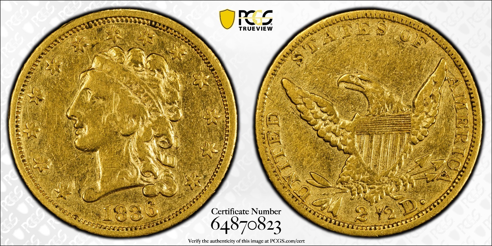 1836 Gold Classic Head $2.50 Block 8 PCGS Graded VF-Details 1836 Gold Classic Head $2.50 Block 8 PCGS Graded VF-Details