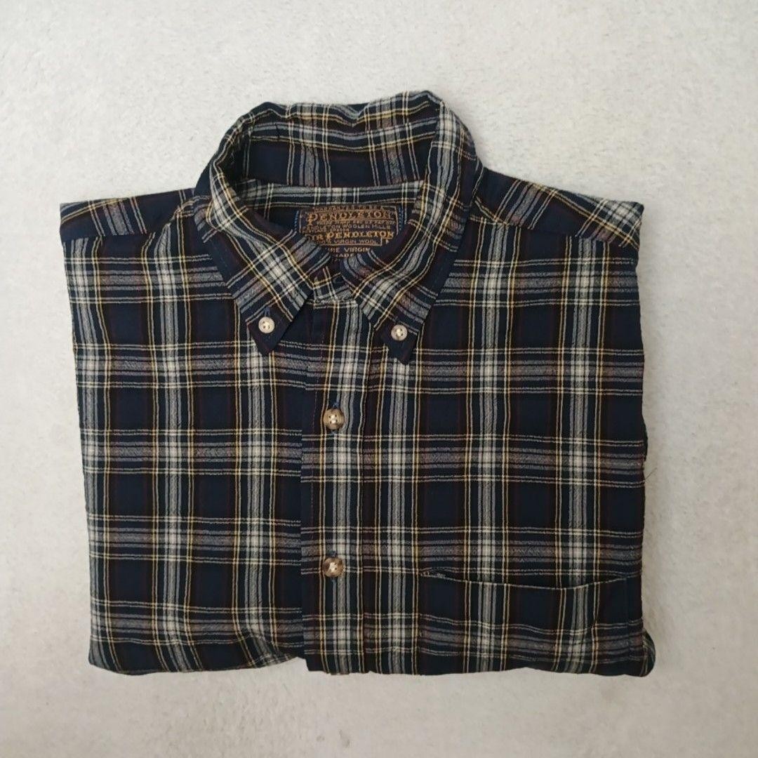 Vintage Pendleton Shirt Mens M Blue Plaid Wool Button-Up Long Sleeve USA Made