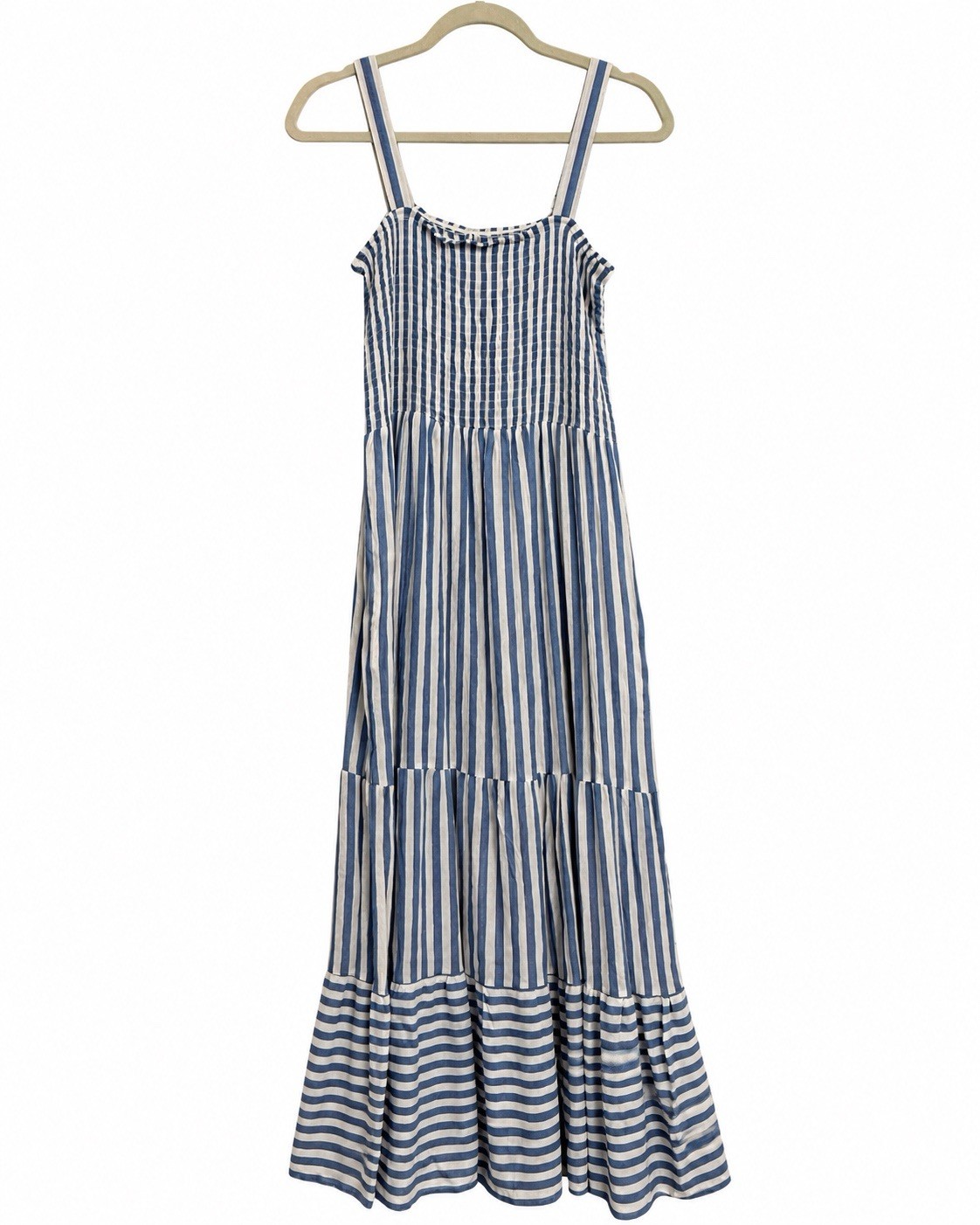 Raviya Women’s M Blue White Striped Maxi Dress Smocked Tiered Beach Resort