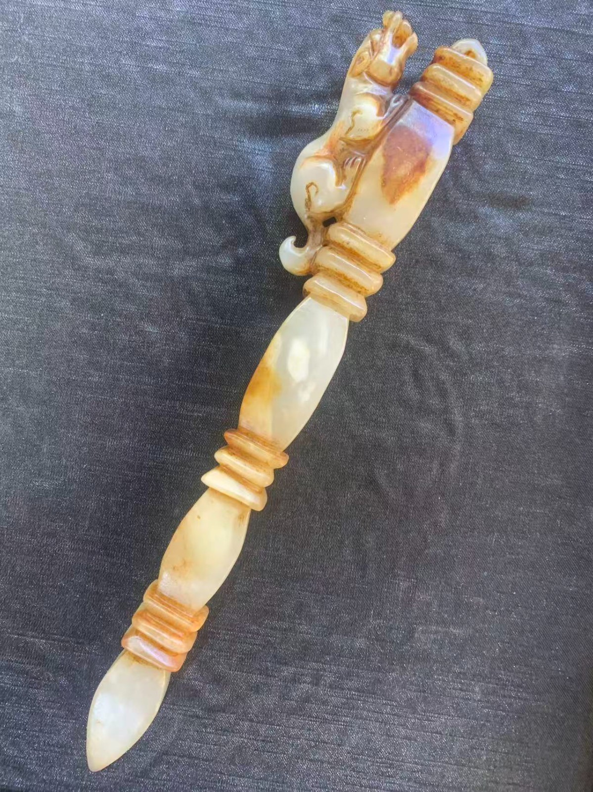 9.5“ Unique Rare Chinese Old HeTian Jade Hand Carved *Ritual Implement* W/Beast