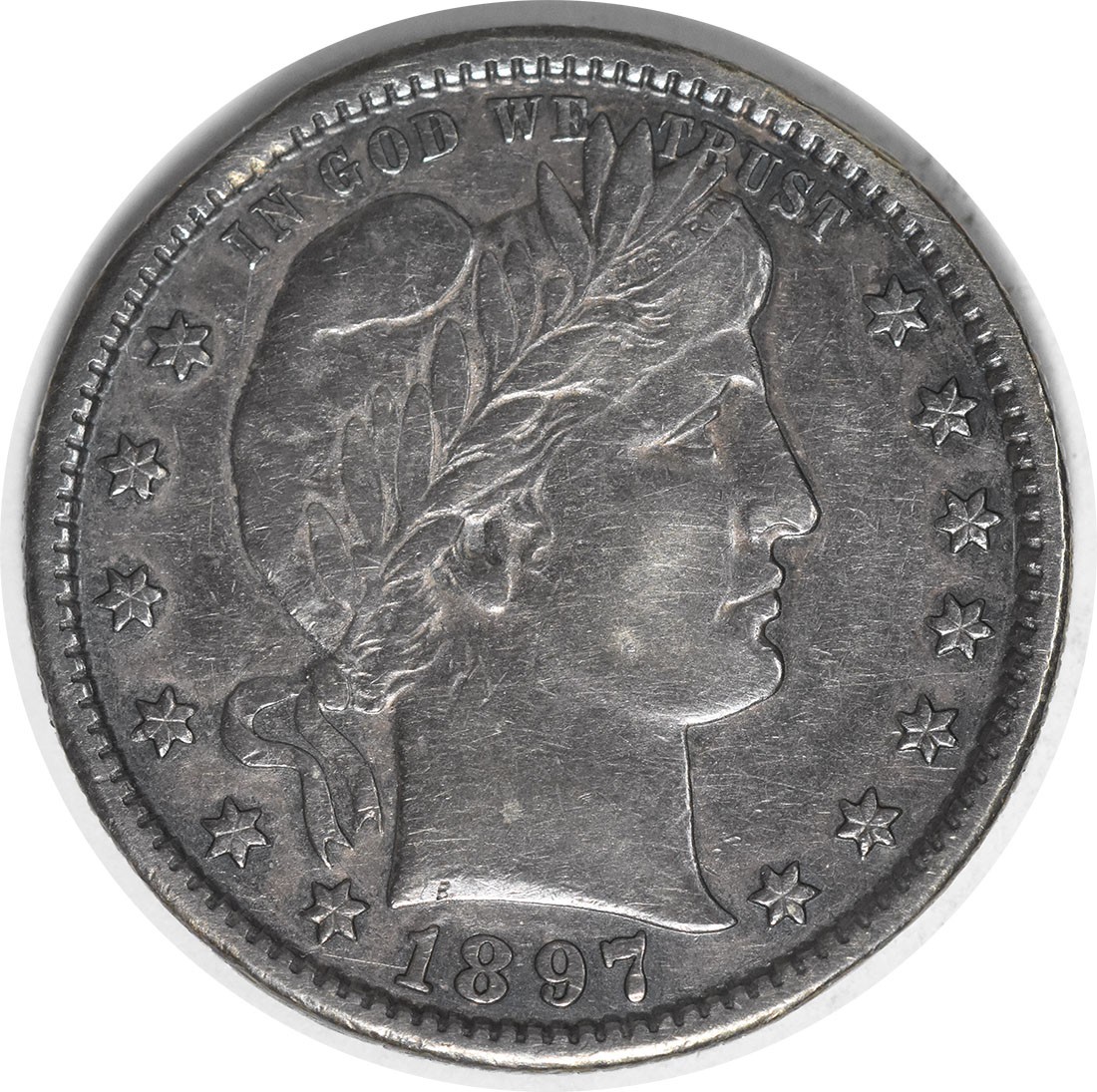 1897-S Barber Silver Quarter Centered Mint Mark Choice EF Uncertified #1037 1897-S Barber Silver Quarter Centered Mint Mark Choice EF Uncertified #1037