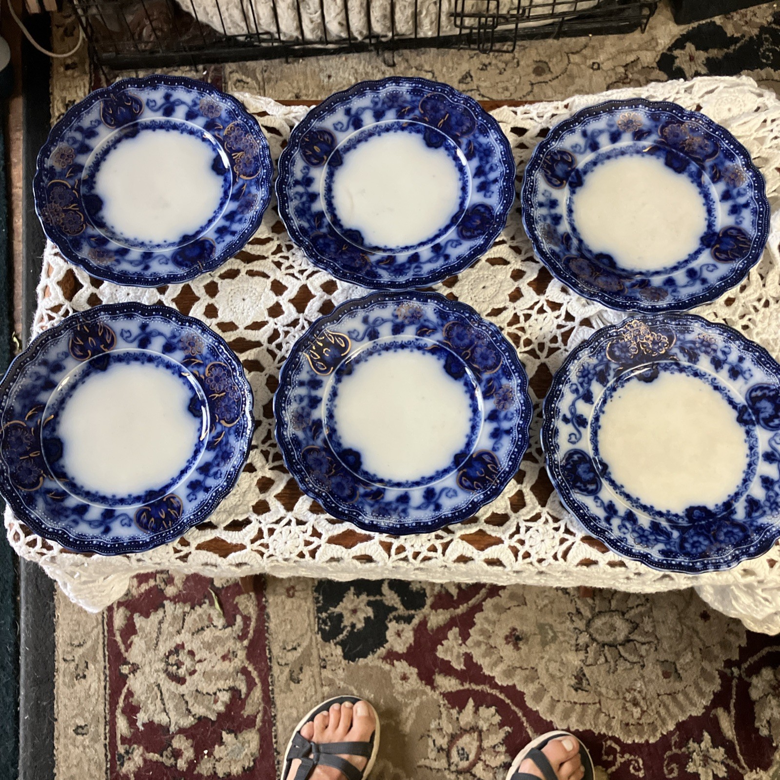 Antique 1890s Wood & Son Seville Flow Blue with Gold 7” plates Lot of 6 Antique 1890s Wood & Son Seville Flow Blue with Gold 7” plates Lot of 6