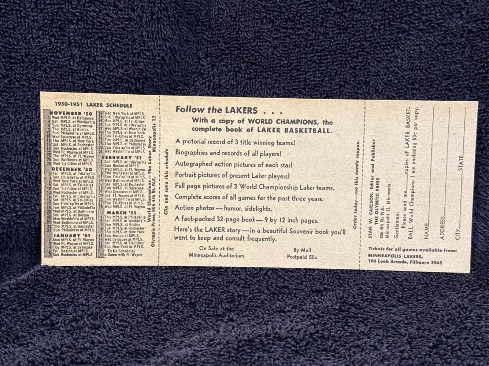 RARE 1950-51 Minneapolis Lakers Ticket Brochure/Pocket Schedule, George Mikan RARE 1950-51 Minneapolis Lakers Ticket Brochure/Pocket Schedule, George Mikan