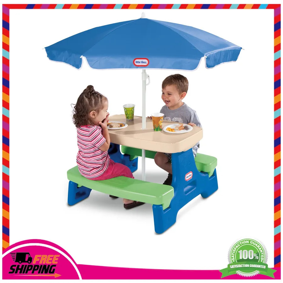 Little Tikes Kids Outdoor Picnic Table with Umbrella Blue Green Ages 2+