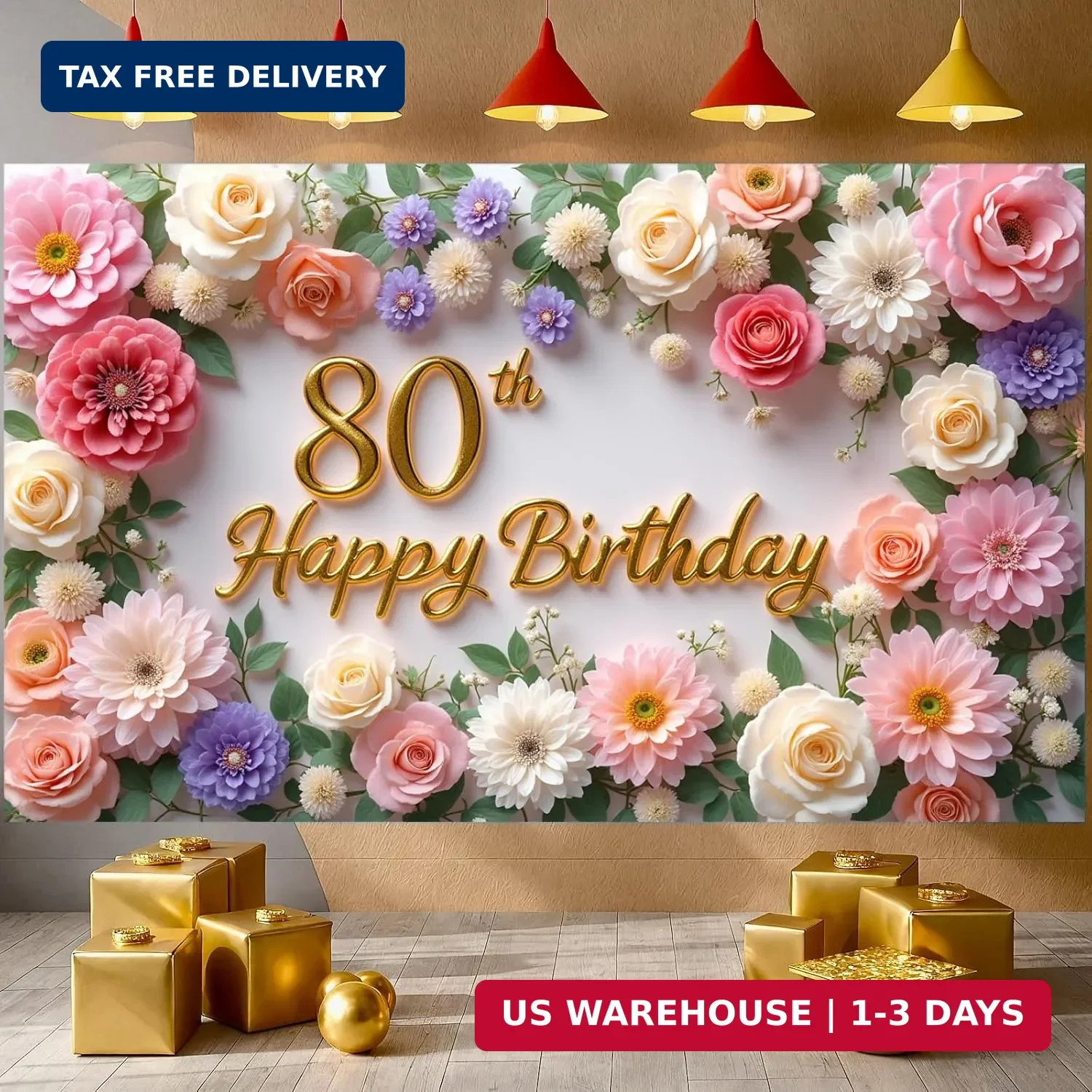 Flower 80th Birthday Banner Decorations for Women Pink Roses Floral Happy 80th B