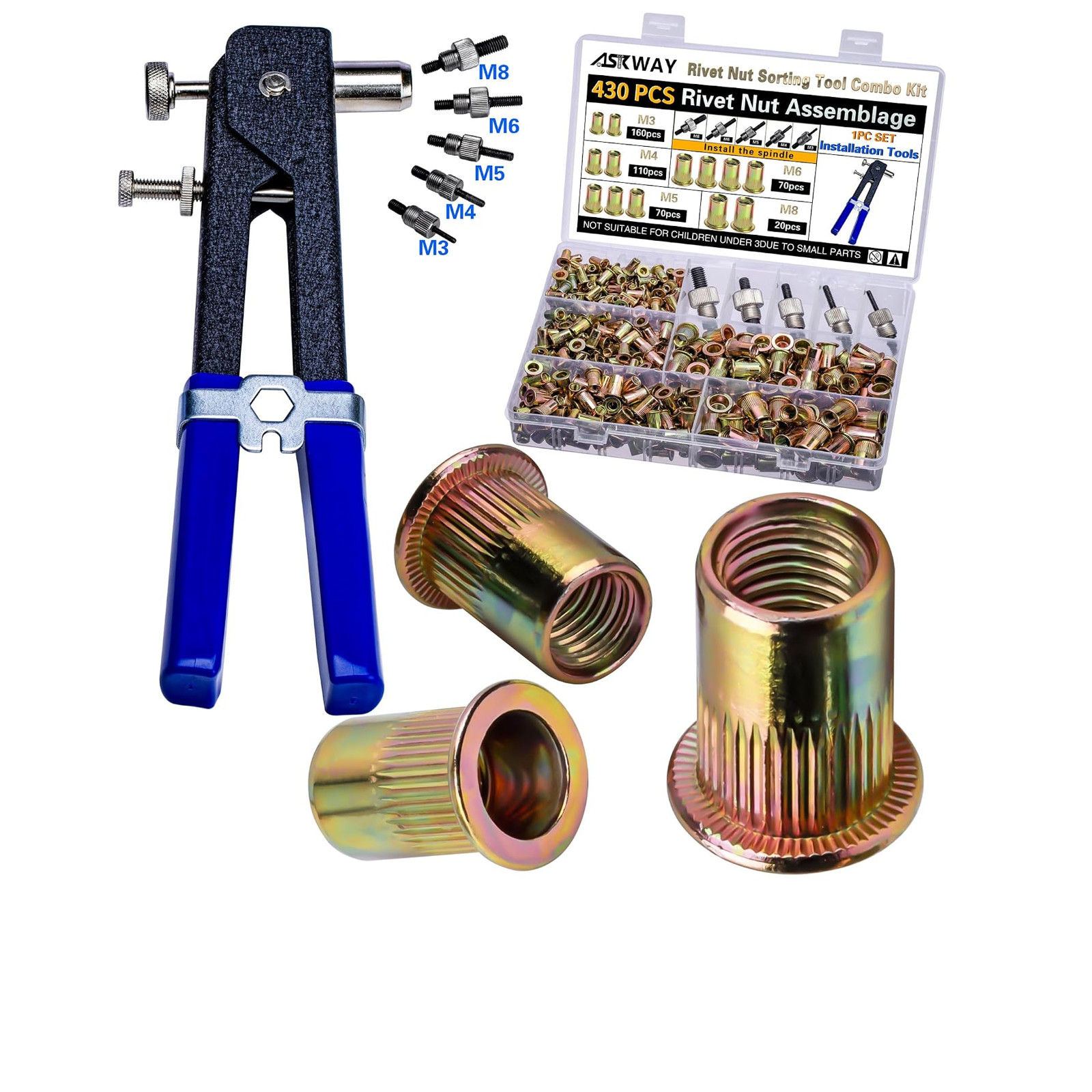 Pressure Rivet Nut Tool Kit 430 Pcs Metric Steel Rivet Nut Set for Home