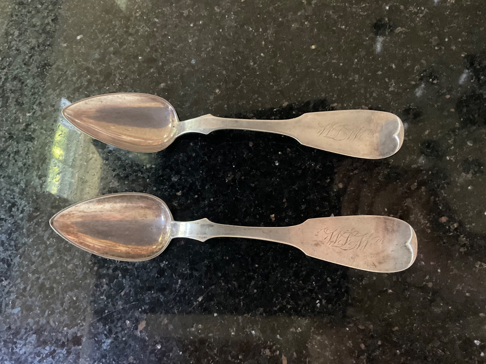 2 Antique G. Gordon Coin Silver Spoons 2 Antique G. Gordon Coin Silver Spoons
