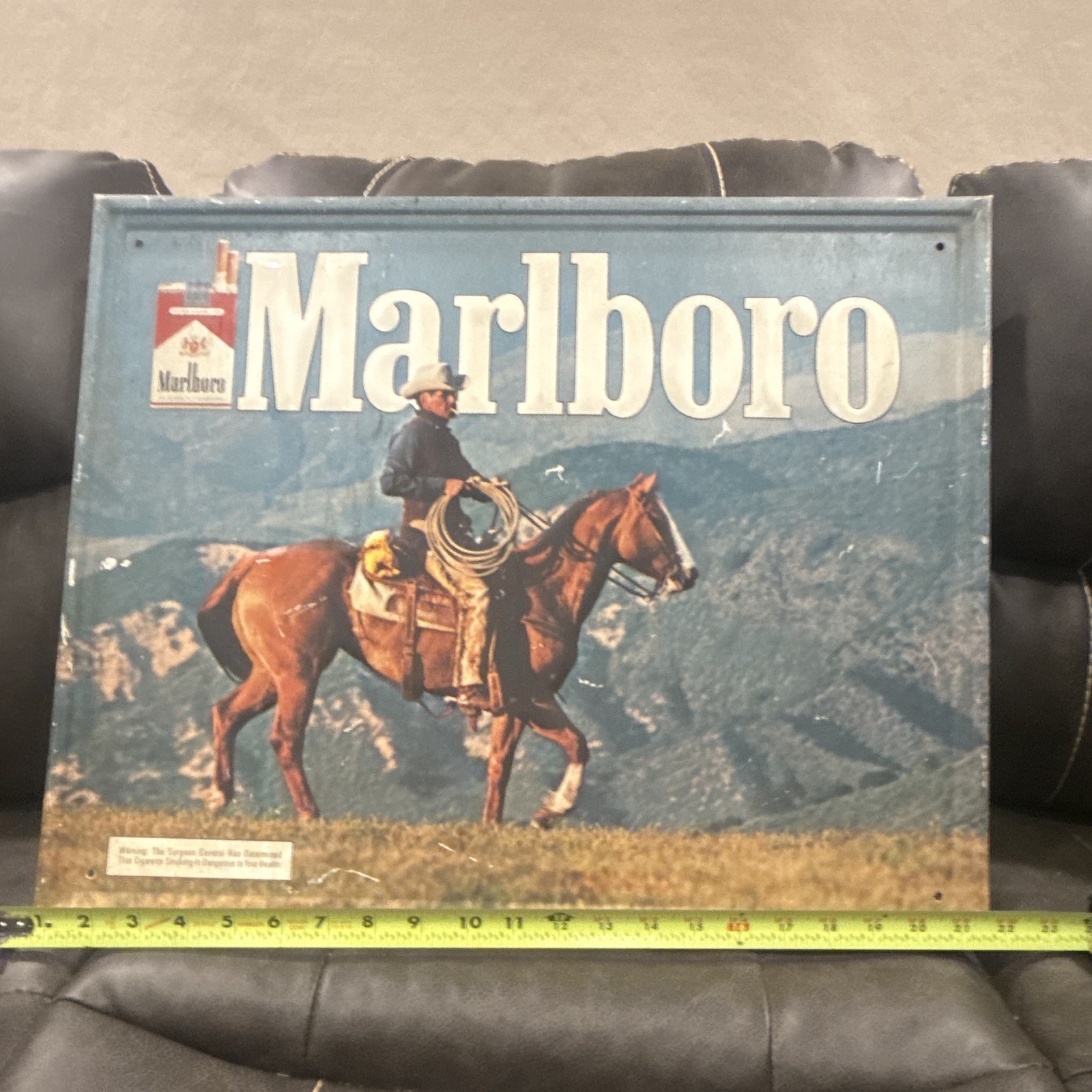 Title: Vintage 1980s/1990s Marlboro Man Cowboy on Horse Embossed Tin Metal Sign
