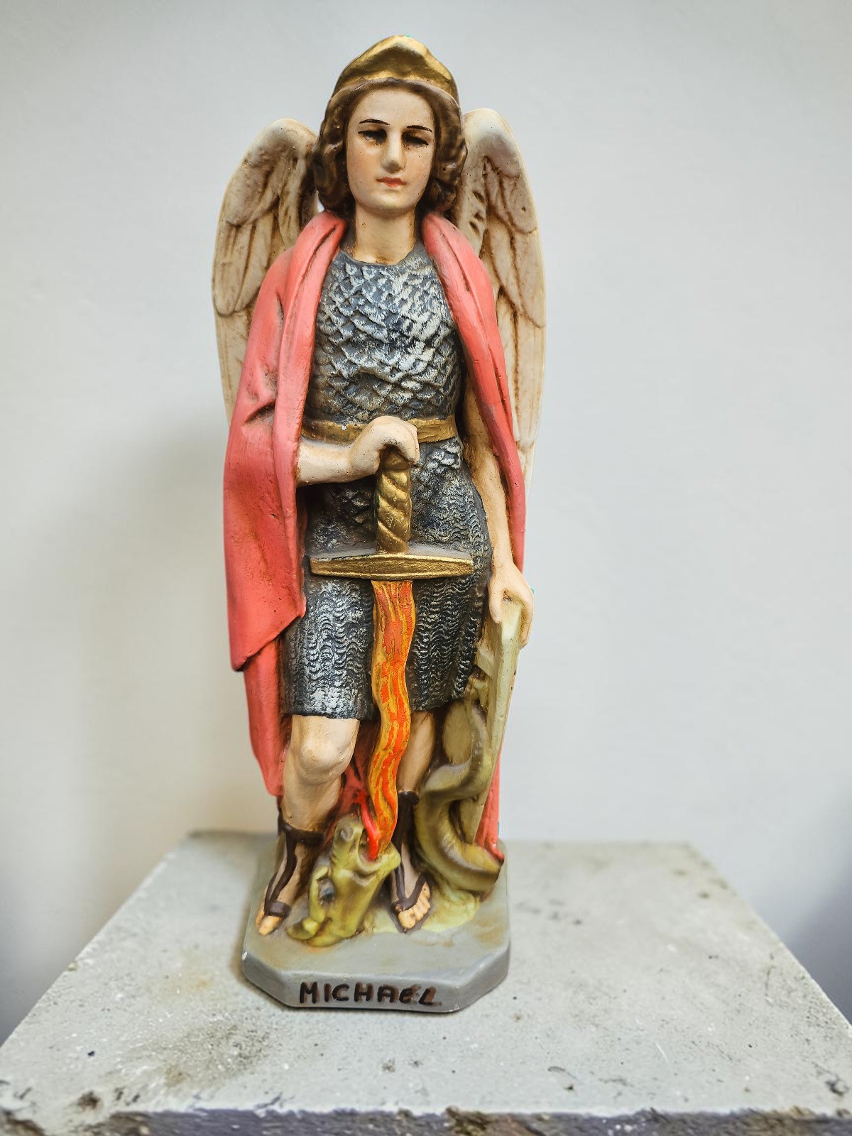 Vintage chalk Statue Archangel Saint Michael slaying Dragon religious art
