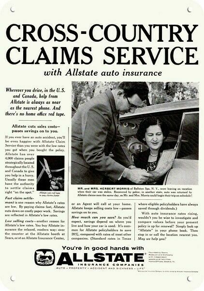 1959 ALLSTATE AUTO INSURANCE Cross-Country Claims Service DECORATIVE METAL SIGN 1959 ALLSTATE AUTO INSURANCE Cross-Country Claims Service DECORATIVE METAL SIGN