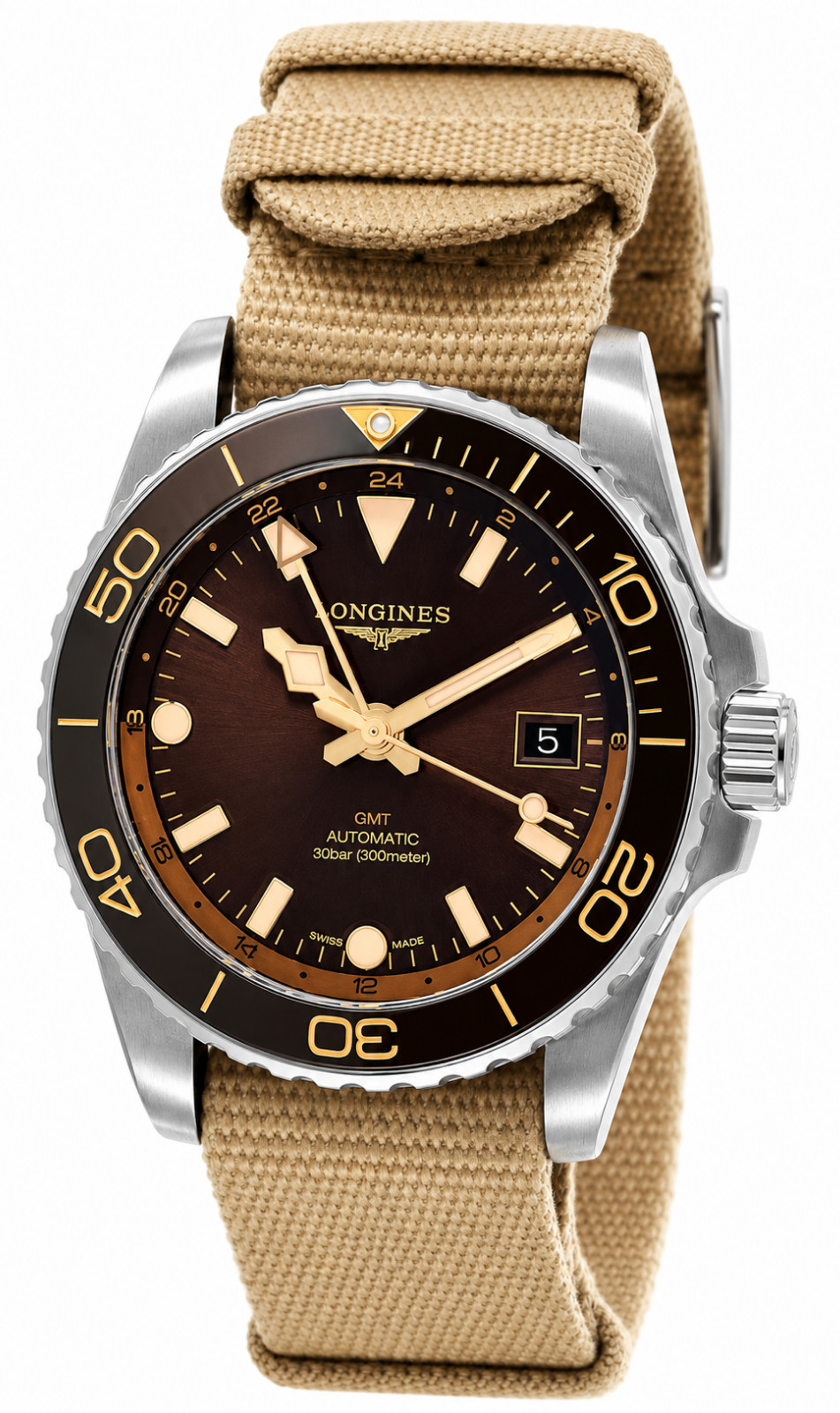 New Longines Mens HydroConquest GMT Automatic 41 Brown Dial Watch L3.790.4.66.2